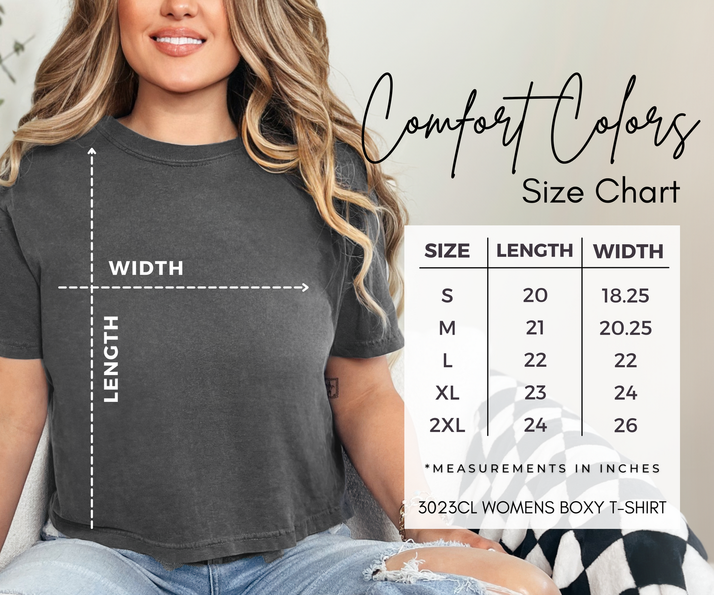 Comfort Color Boxy T shirt size chart