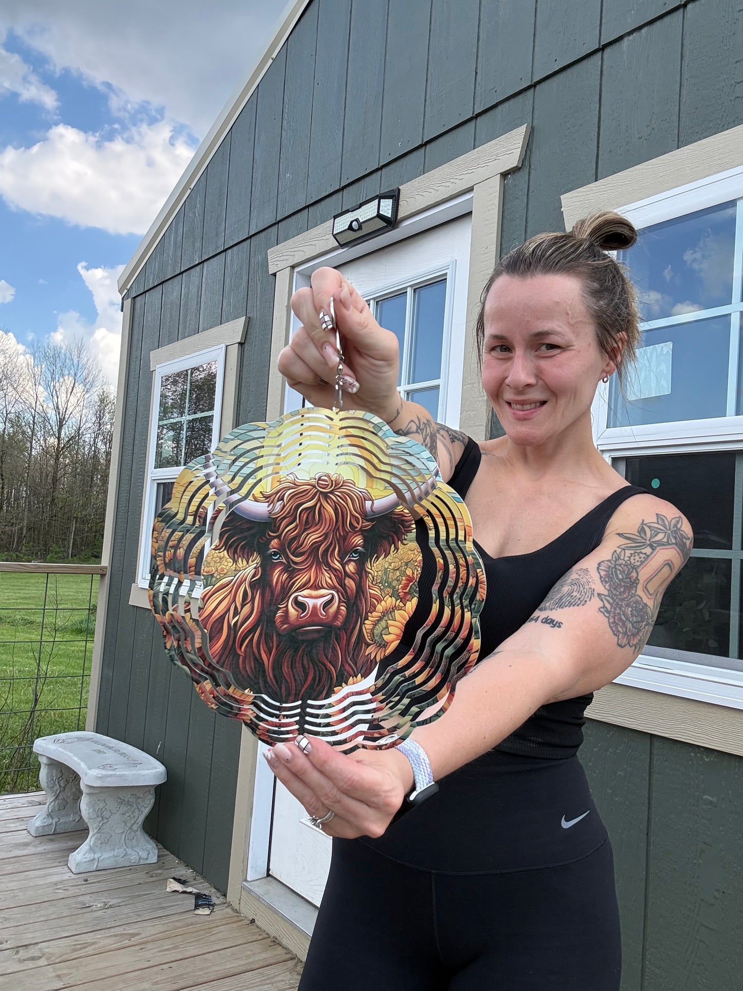 HIGHLAND COW AND SUNFLOWERS 10 INCH WIND SPINNER