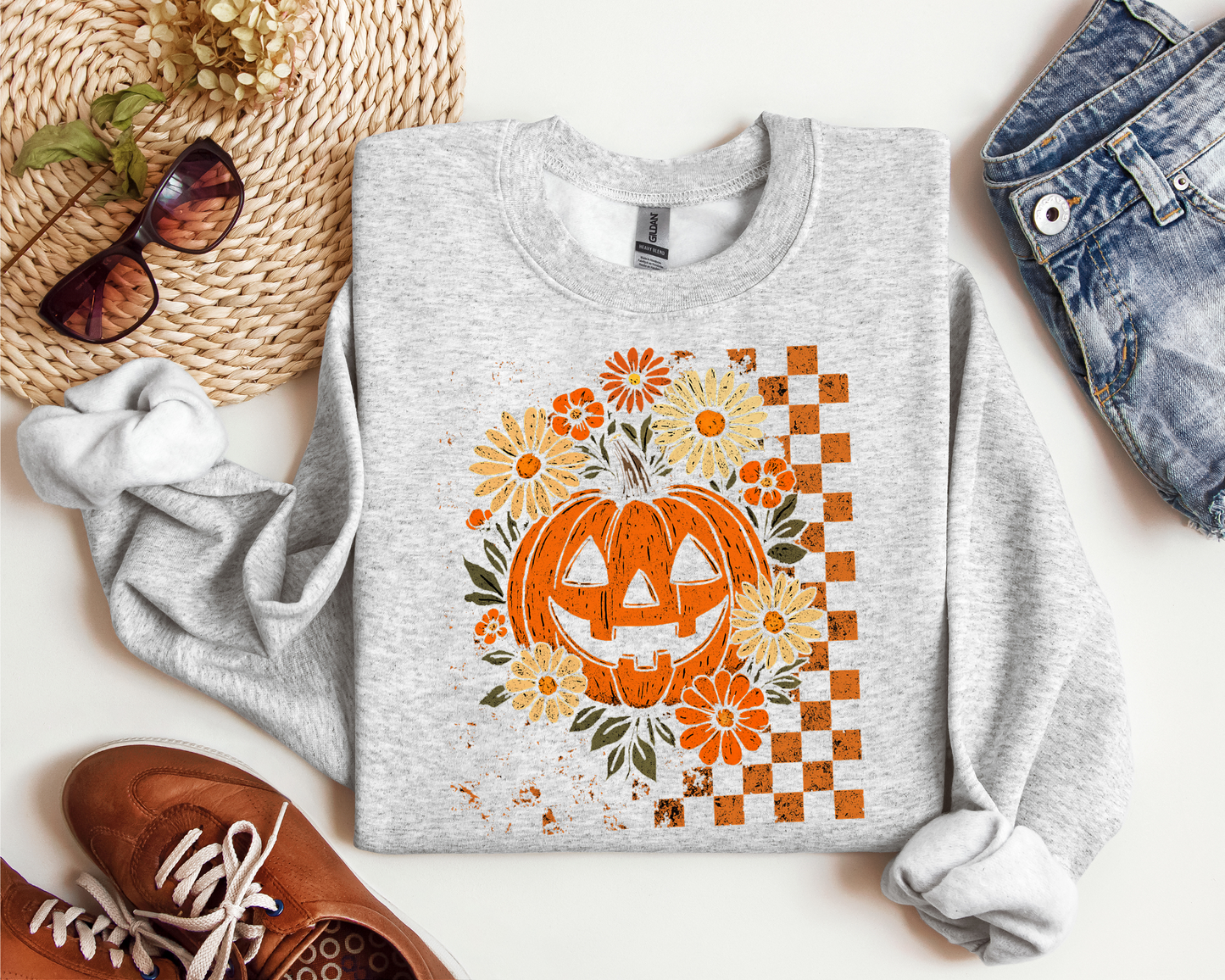 RETRO CHECKERED FLORAL PUMPKIN CREW
