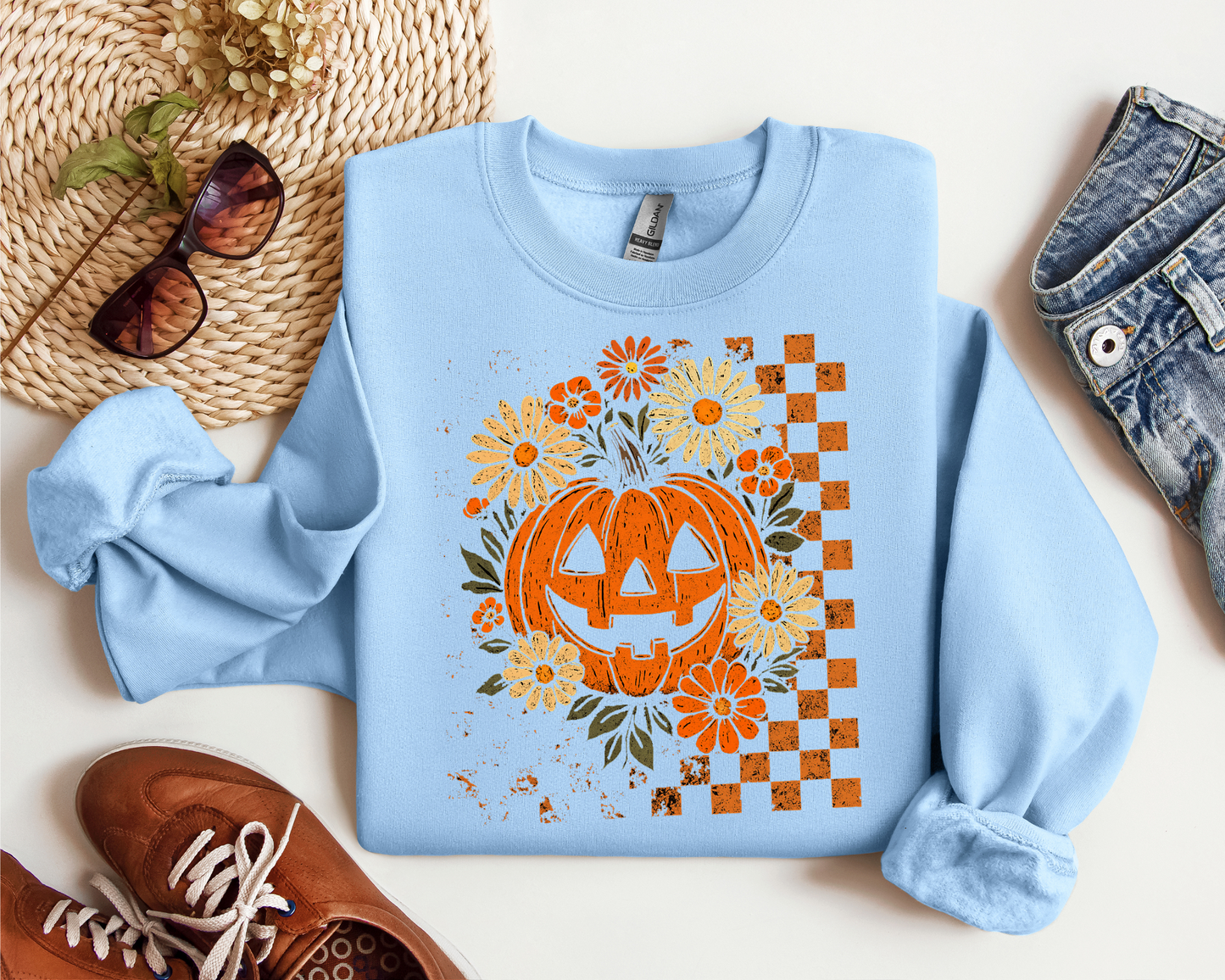 RETRO CHECKERED FLORAL PUMPKIN CREW
