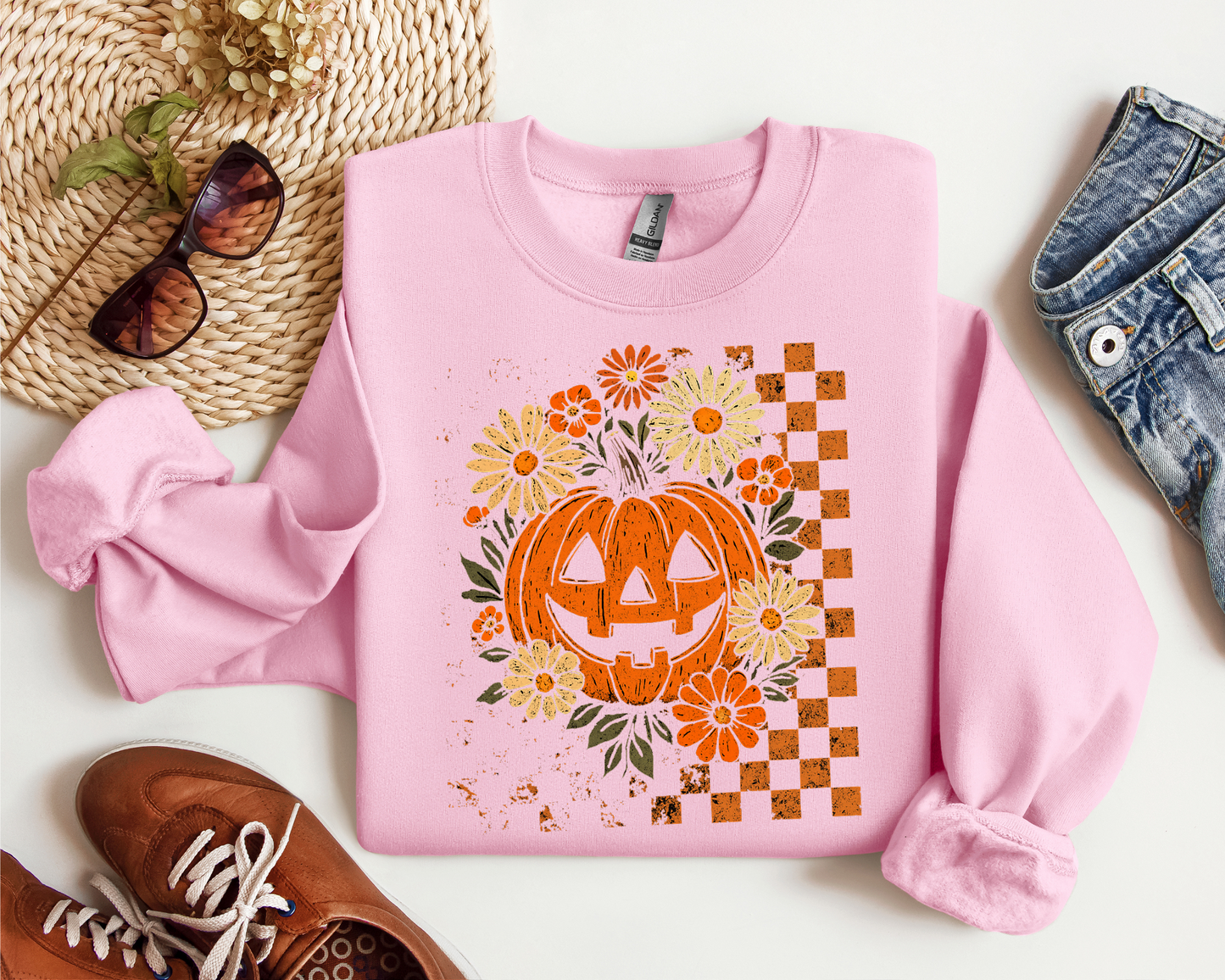 RETRO CHECKERED FLORAL PUMPKIN CREW