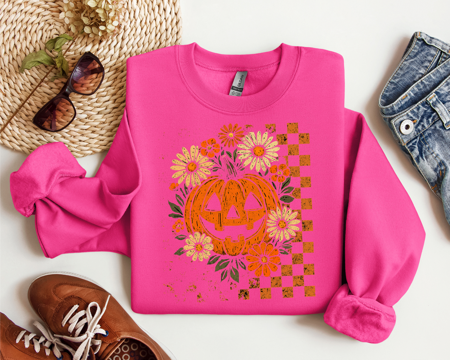 RETRO CHECKERED FLORAL PUMPKIN CREW