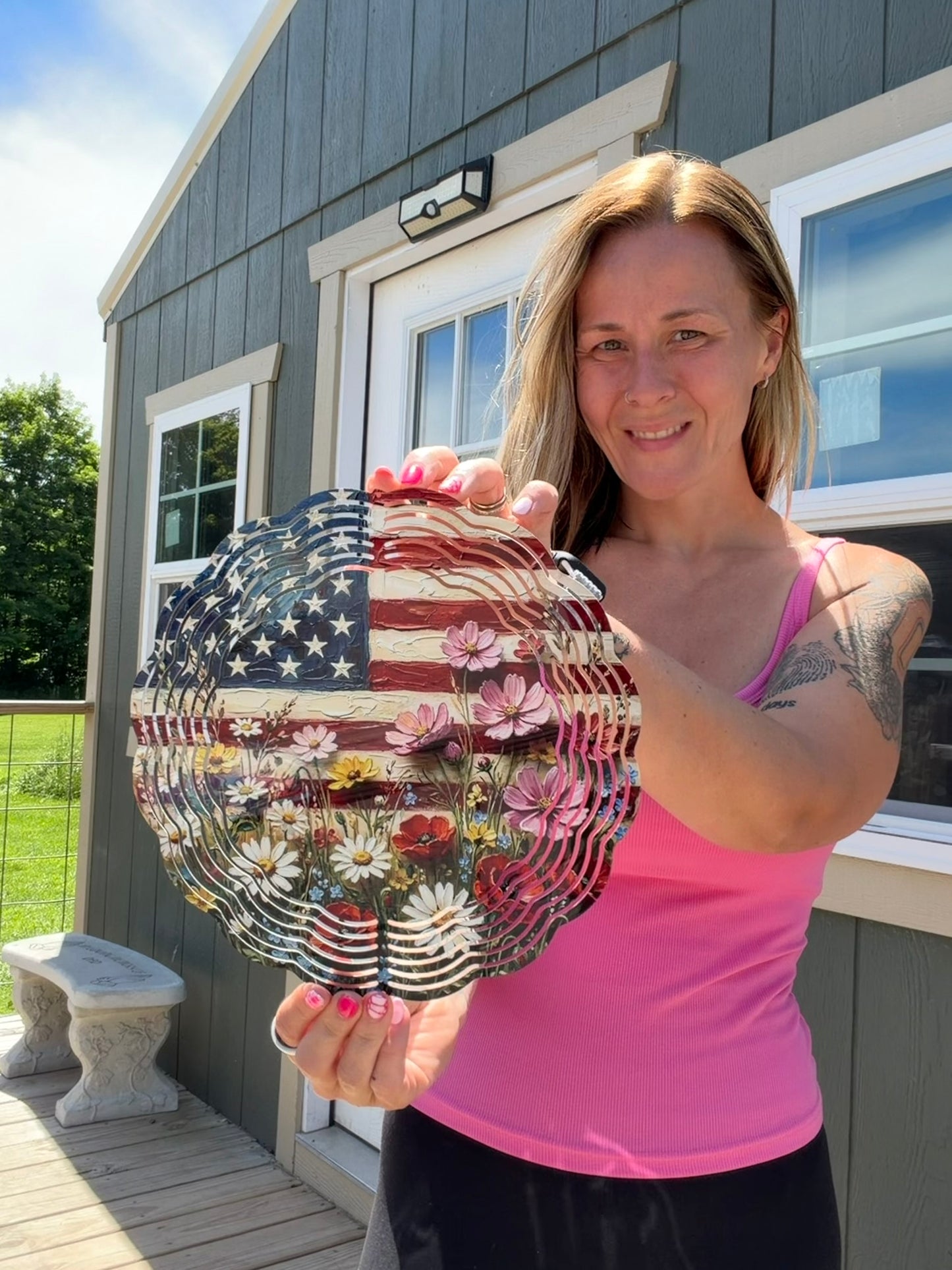 AMERICAN FLAG WITH FLOWERS 10 INCH WIND SPINNER