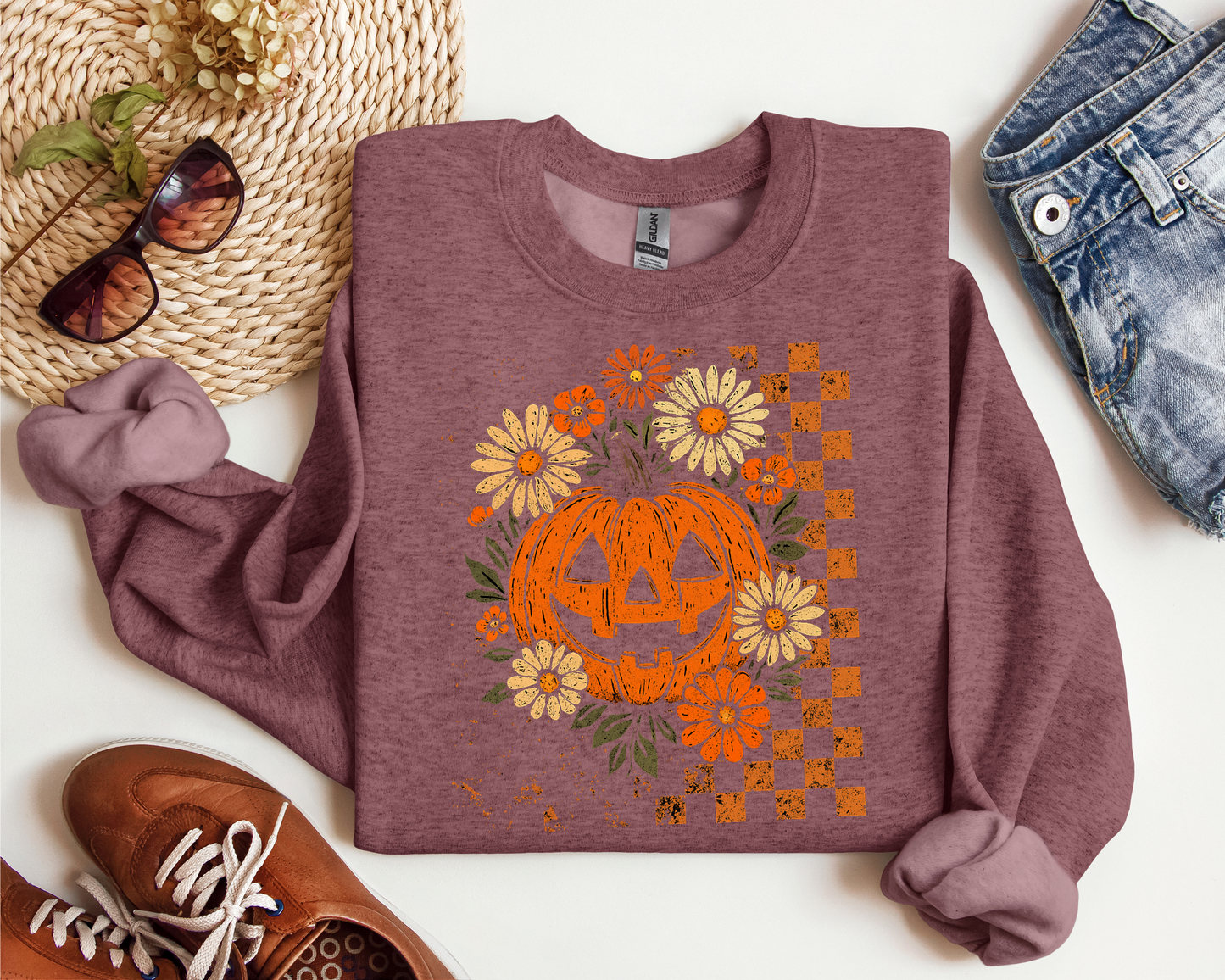 RETRO CHECKERED FLORAL PUMPKIN CREW