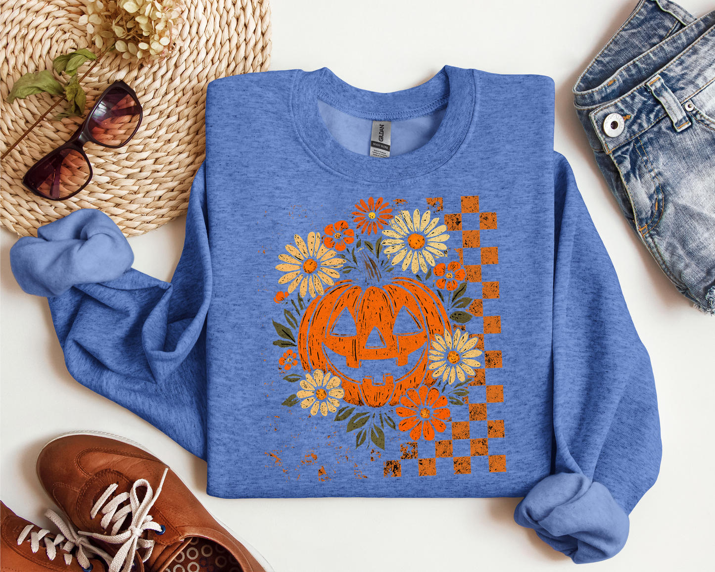 RETRO CHECKERED FLORAL PUMPKIN CREW