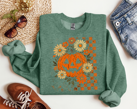 RETRO CHECKERED FLORAL PUMPKIN CREW