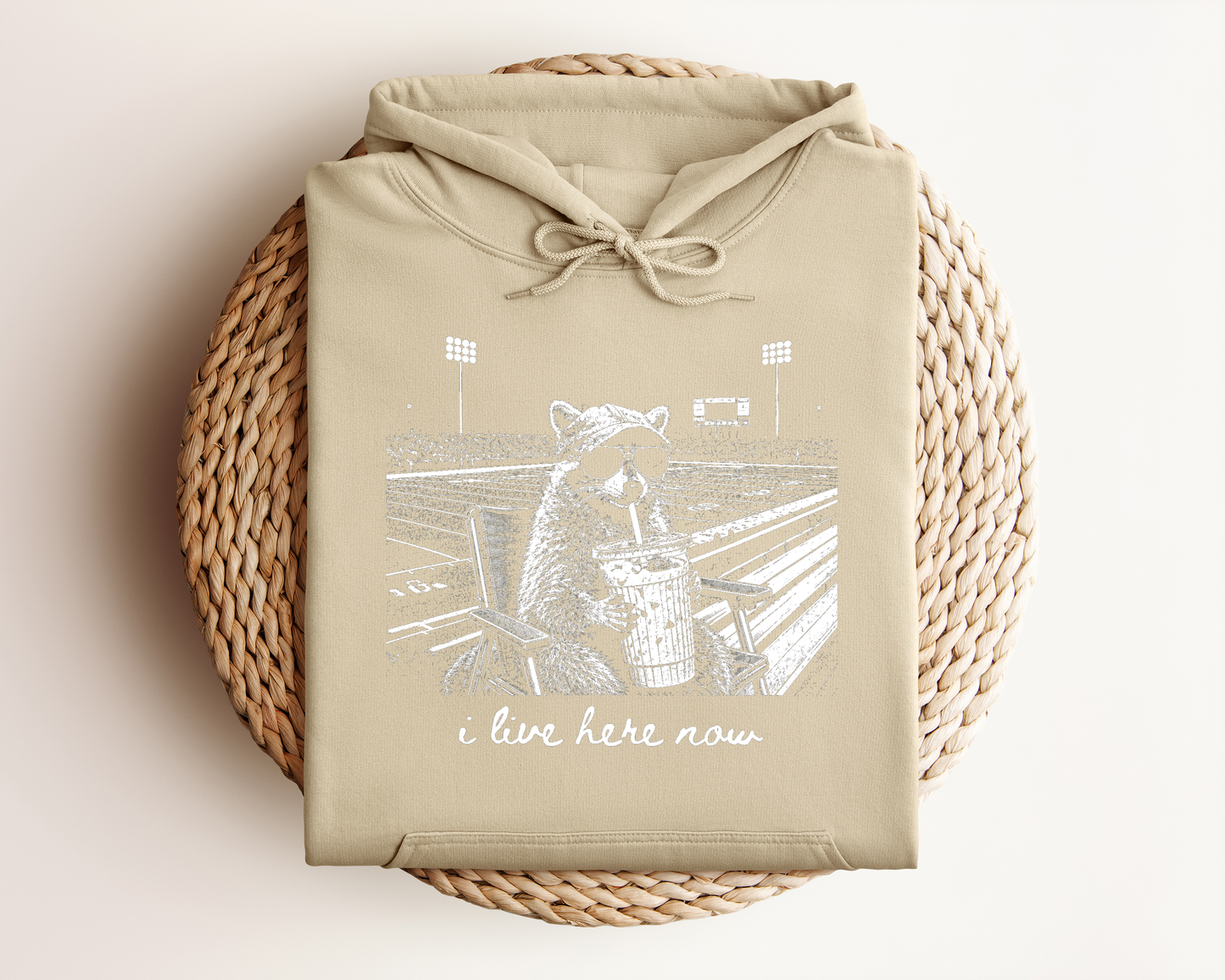I LIVE HERE NOW FOOTBALL RACOON HOODIE