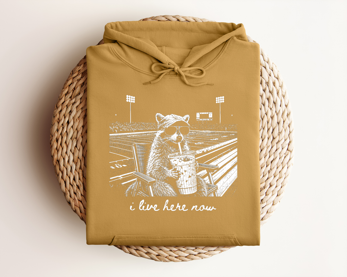 I LIVE HERE NOW FOOTBALL RACOON HOODIE