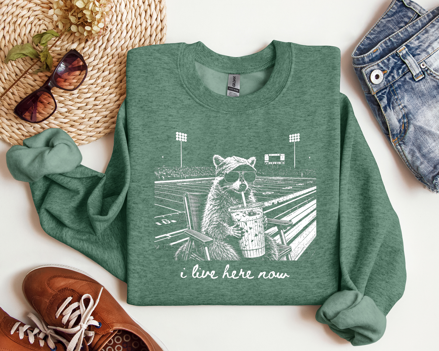 I LIVE HERE NOW FOOTBALL RACCOON CREW