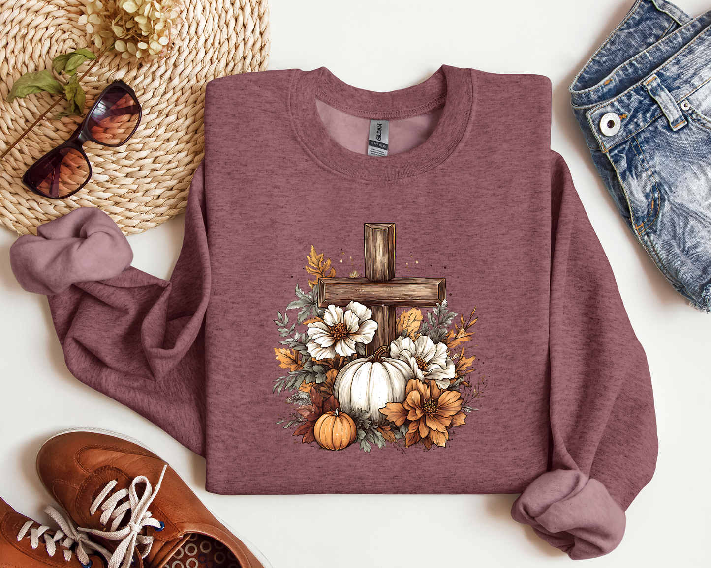 RUSTIC FLORAL PUMPKIN CROSS CREW