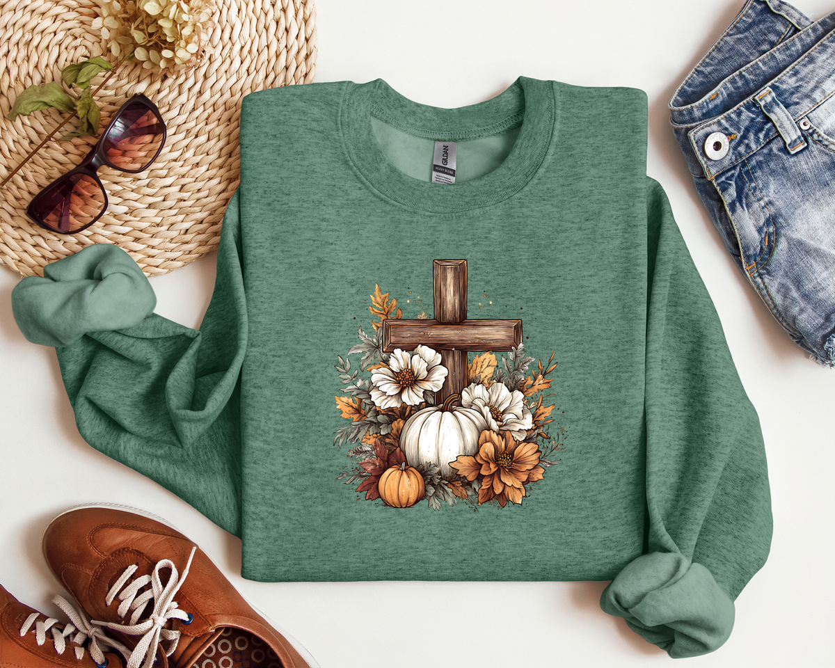 RUSTIC FLORAL PUMPKIN CROSS CREW