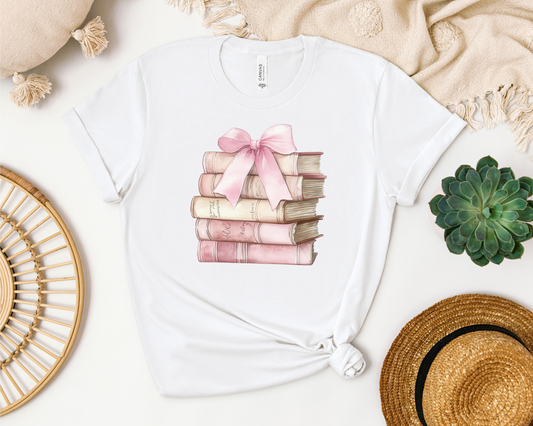 PINK STACK OF BOOKS SHIRT