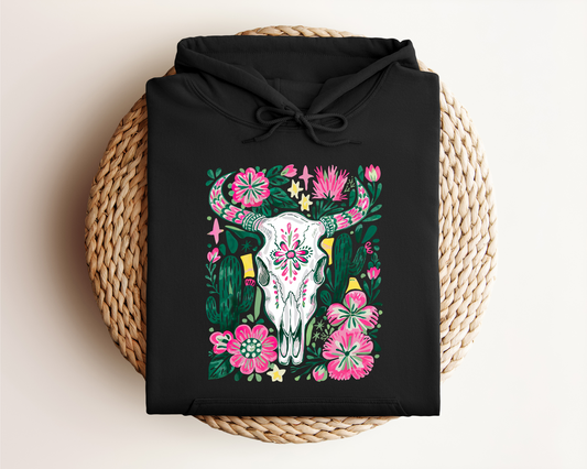 BOHO FLORAL COW SKULL HOODIE