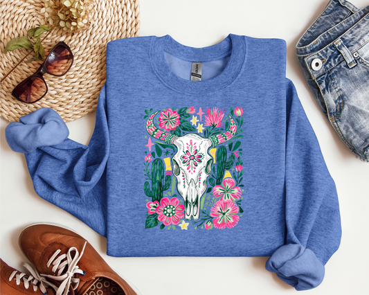 BOHO FLORAL COW SKULL CREW