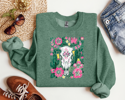 BOHO FLORAL COW SKULL CREW