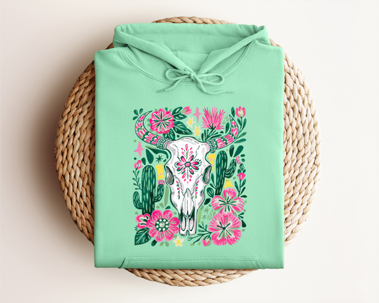 BOHO FLORAL COW SKULL HOODIE